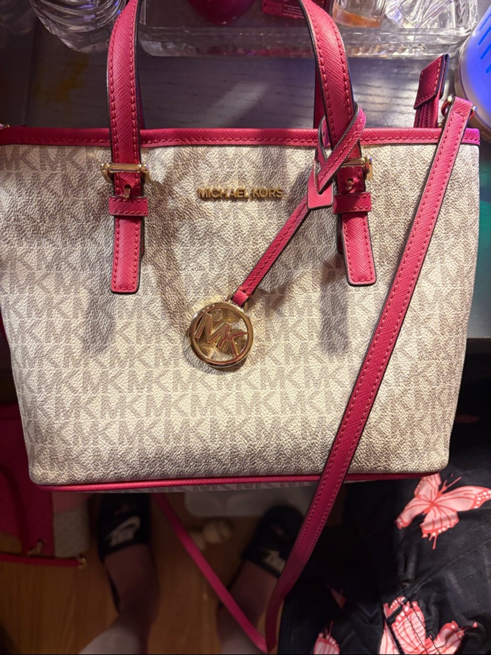 Michael Kors Cream Monogram Tote with Pink Trim
